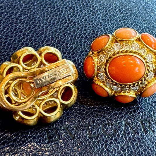 Bulgari 1970s 18KT Yellow Gold Coral & Diamond Earrings back and signature