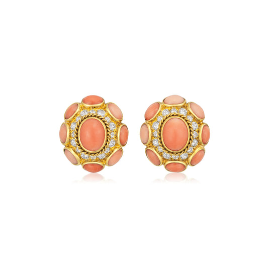Bulgari 1970s 18KT Yellow Gold Coral & Diamond Earrings front