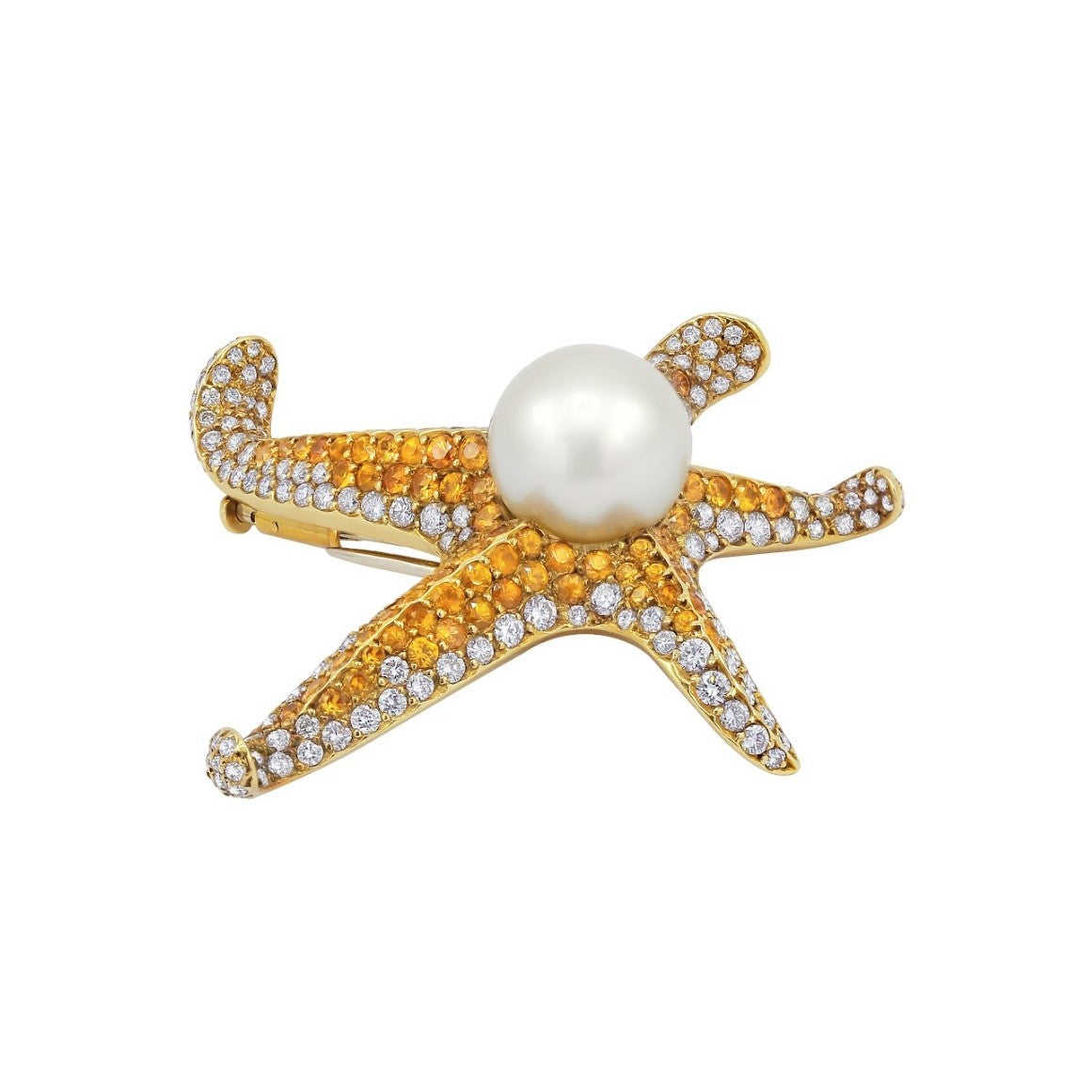 James Martin Post-1980s 18KT Yellow Gold Sapphire, Diamond & Pearl Starfish Brooch side