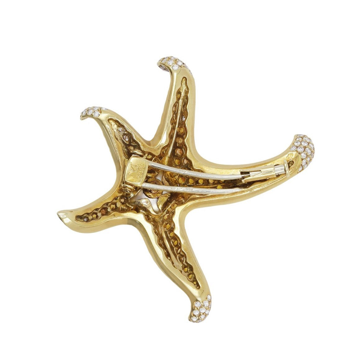 James Martin Post-1980s 18KT Yellow Gold Sapphire, Diamond & Pearl Starfish Brooch back