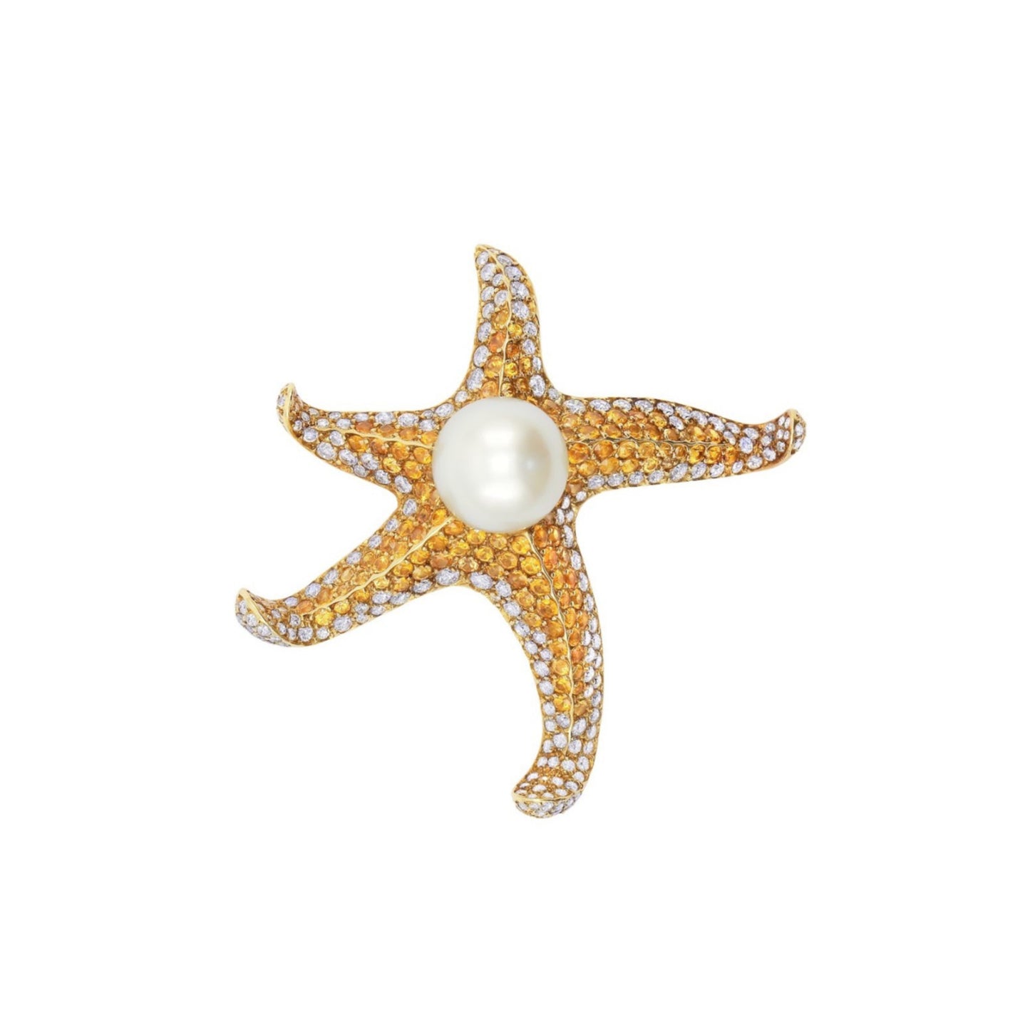 James Martin Post-1980s 18KT Yellow Gold Sapphire, Diamond & Pearl Starfish Brooch front