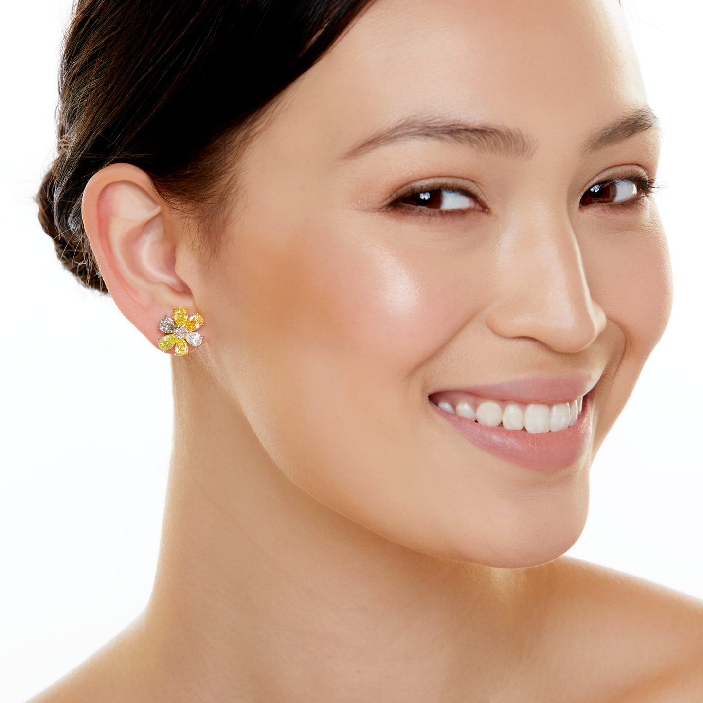 Post-1980s 18KT Yellow Gold Natural Colored Diamond Earrings on ear