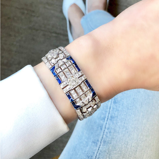 Art Deco Platinum Sapphire & Diamond Bracelet on wrist