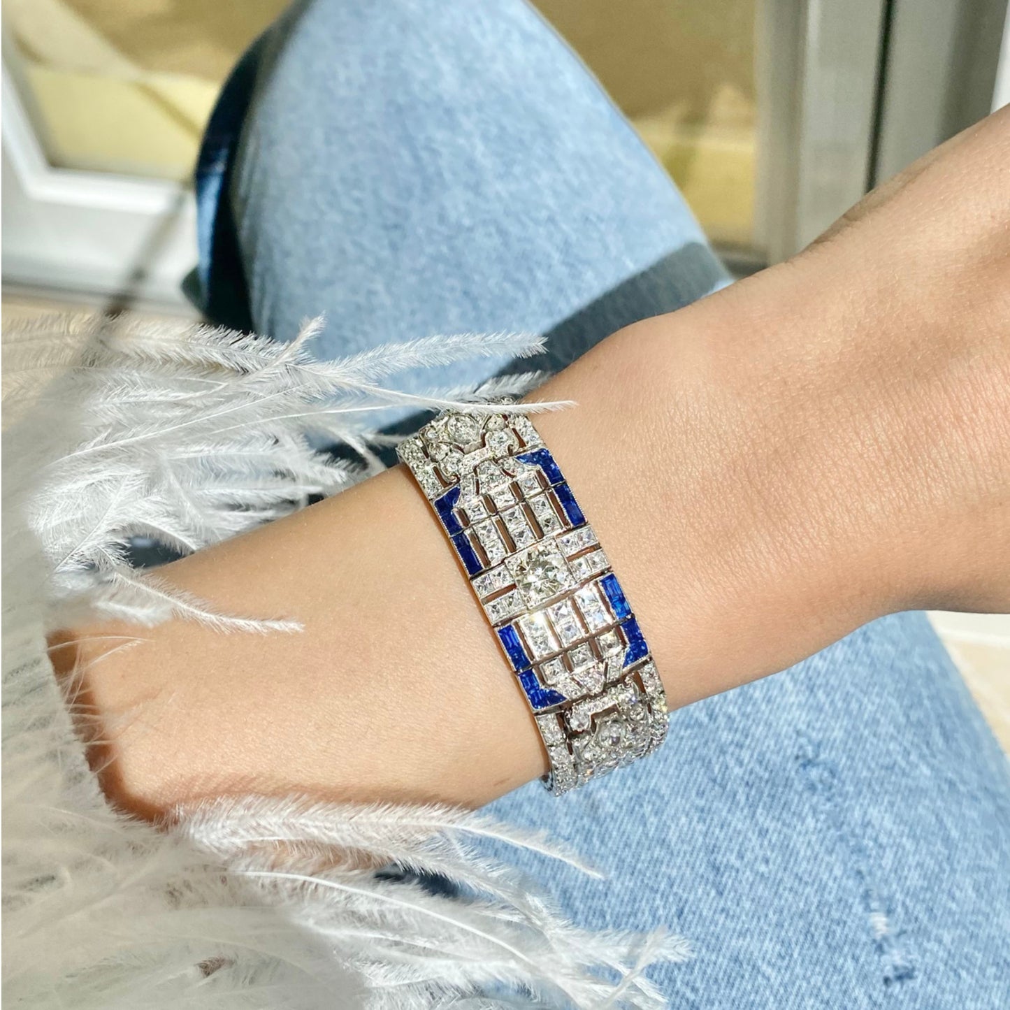 Art Deco Platinum Sapphire & Diamond Bracelet on wrist