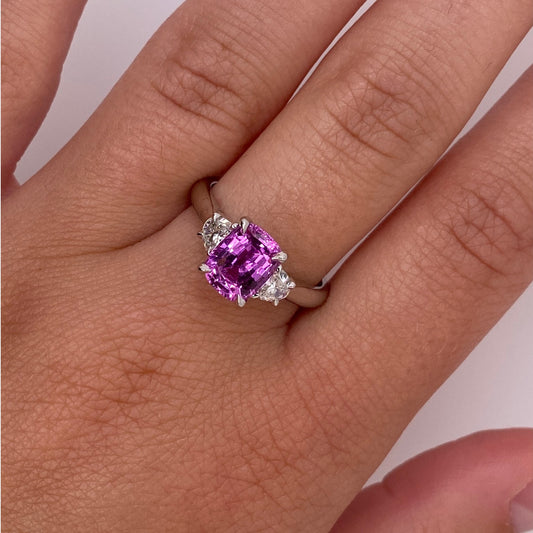 Contemporary Platinum Sapphire & Diamond Ring on finger