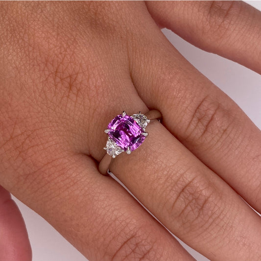 Contemporary Platinum Sapphire & Diamond Ring on finger