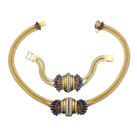 Boucheron Paris Retro 18KT Yellow Gold Sapphire, Diamond & Emerald Suite necklace and bracelet