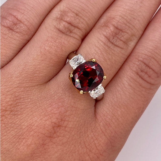 Contemporary Platinum & 18KT Yellow Gold Spinel & Diamond Ring on hand