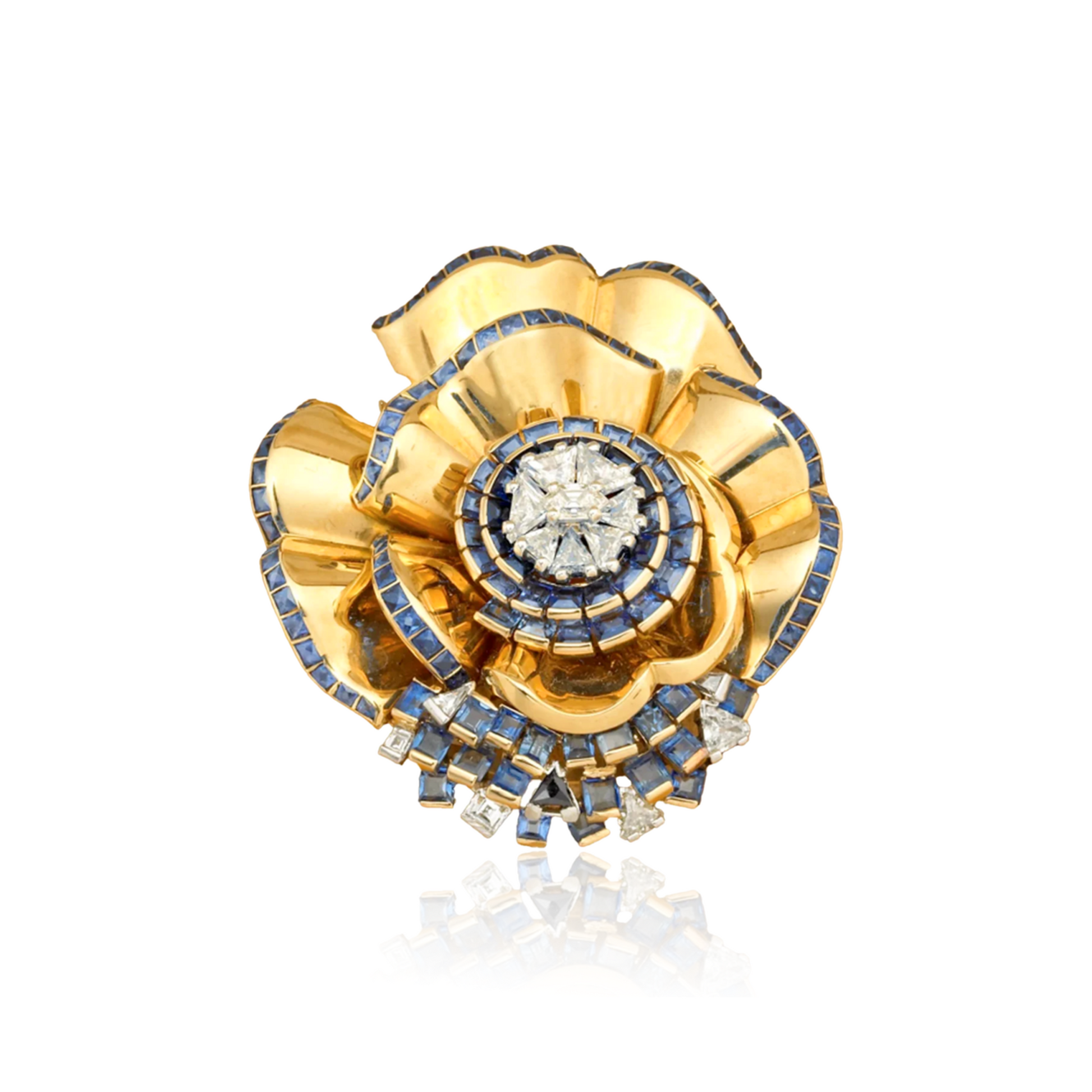 French 1940s 18KT Yellow Gold Sapphire & Diamond Flower Brooch front