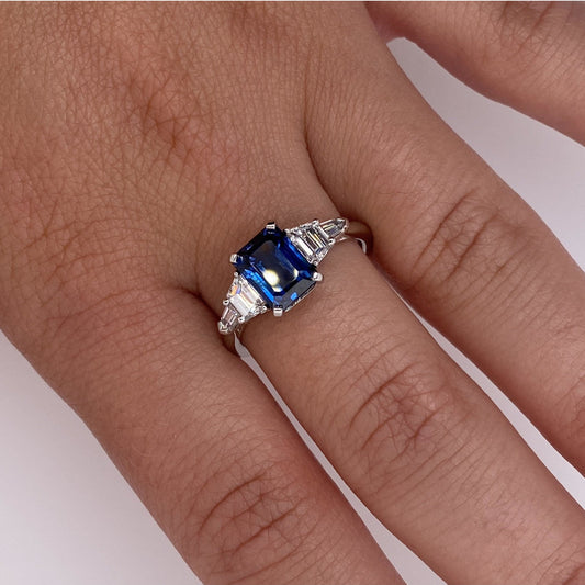 Contemporary Platinum Sapphire & Diamond Ring on finger