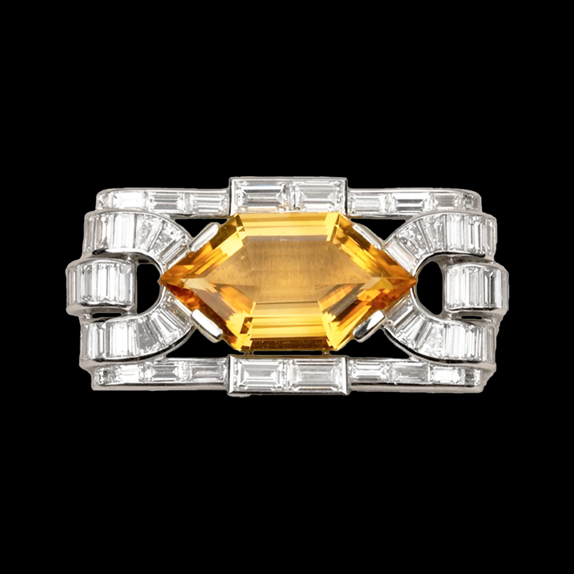 Boucheron Paris Art Deco Platinum Citrine & Diamond Brooch front