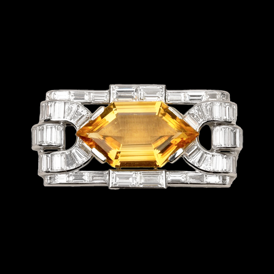 Boucheron Paris Art Deco Platinum Citrine & Diamond Brooch front