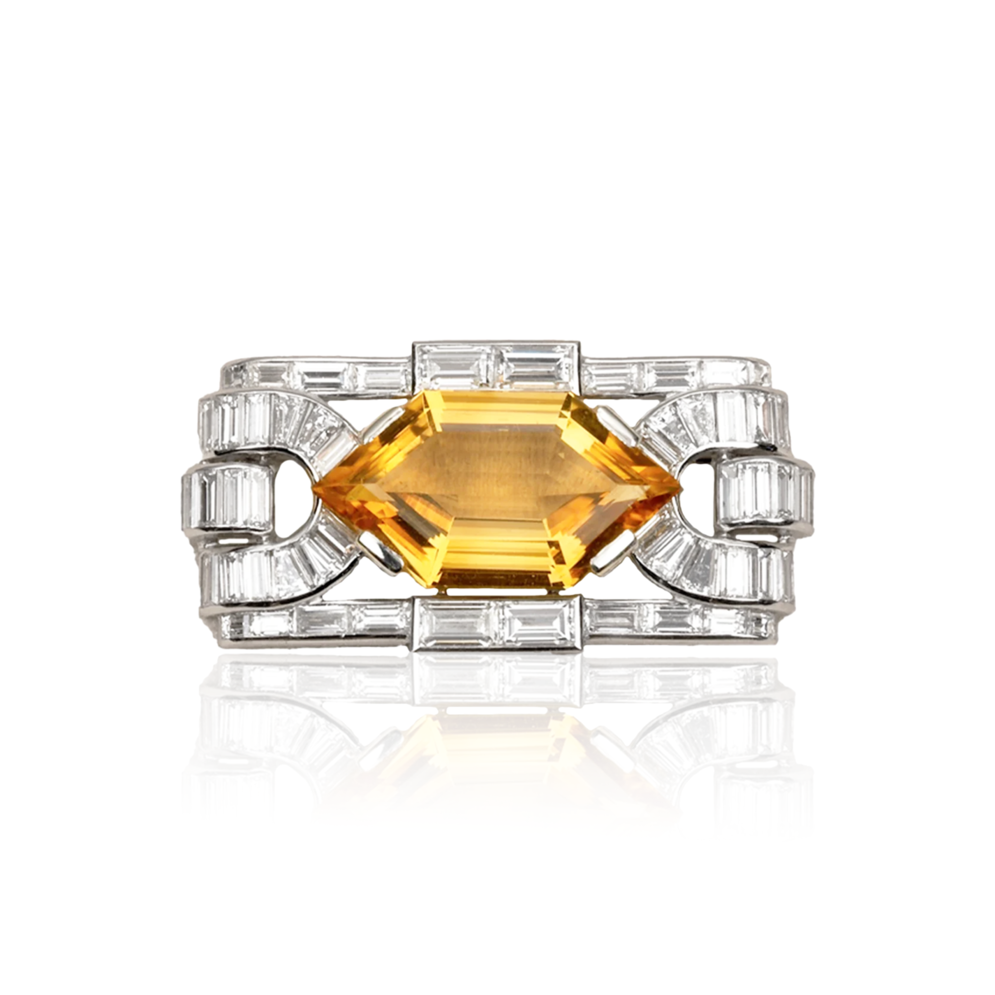 Boucheron Paris Art Deco Platinum Citrine & Diamond Brooch front