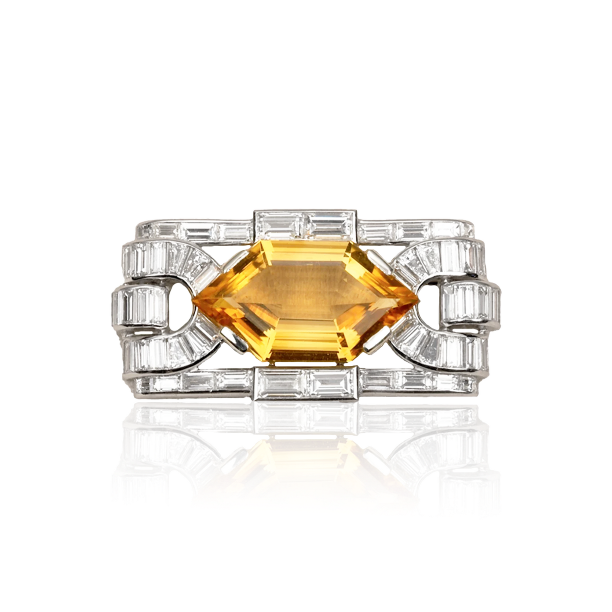 Boucheron Paris Art Deco Platinum Citrine & Diamond Brooch front