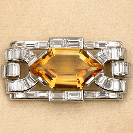 Boucheron Paris Art Deco Platinum Citrine & Diamond Brooch front