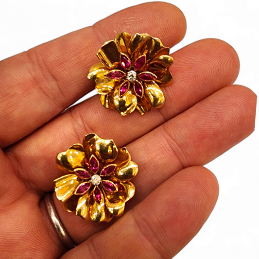 Retro 18KT Yellow Gold Tourmaline & Diamond Flower Earrings in hand