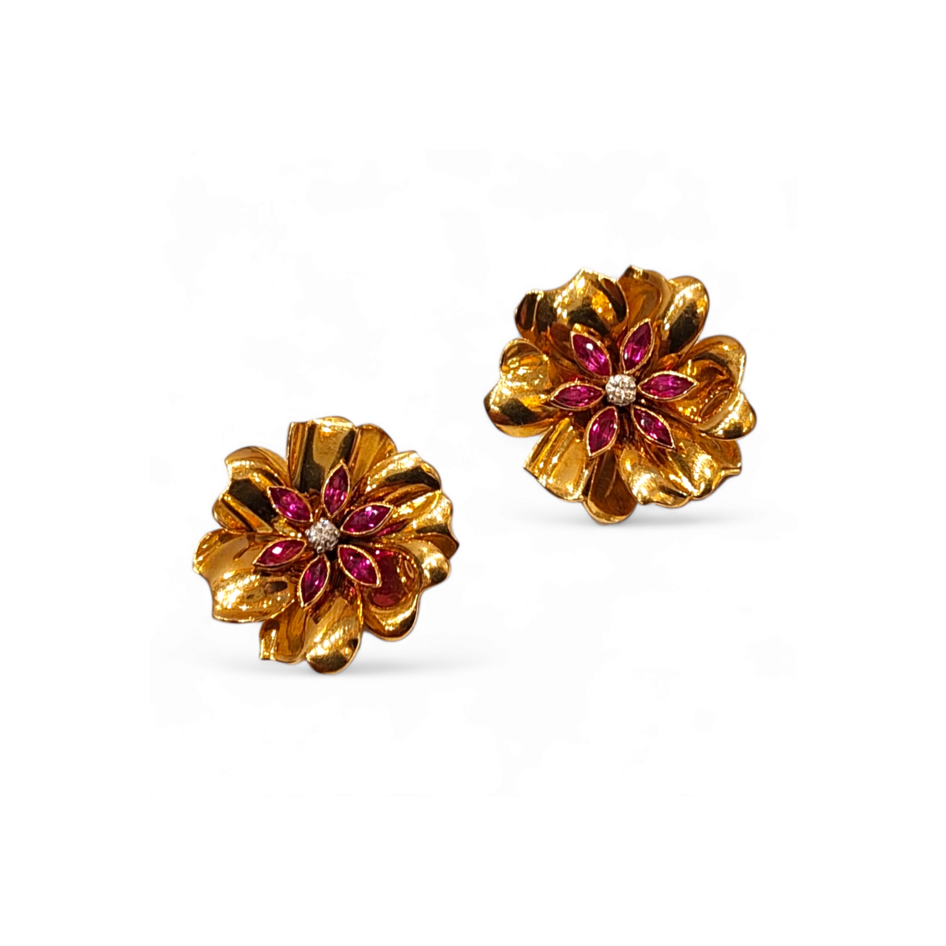 Retro 18KT Yellow Gold Tourmaline & Diamond Flower Earrings front