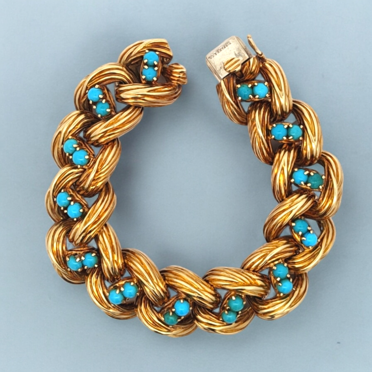 Tiffany & Co. 1970s 18KT Yellow Gold Turquoise Bracelet front