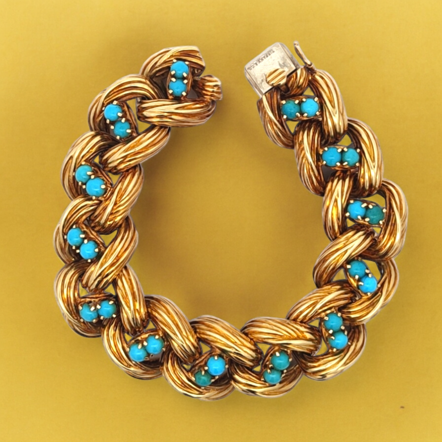 Tiffany & Co. 1970s 18KT Yellow Gold Turquoise Bracelet front