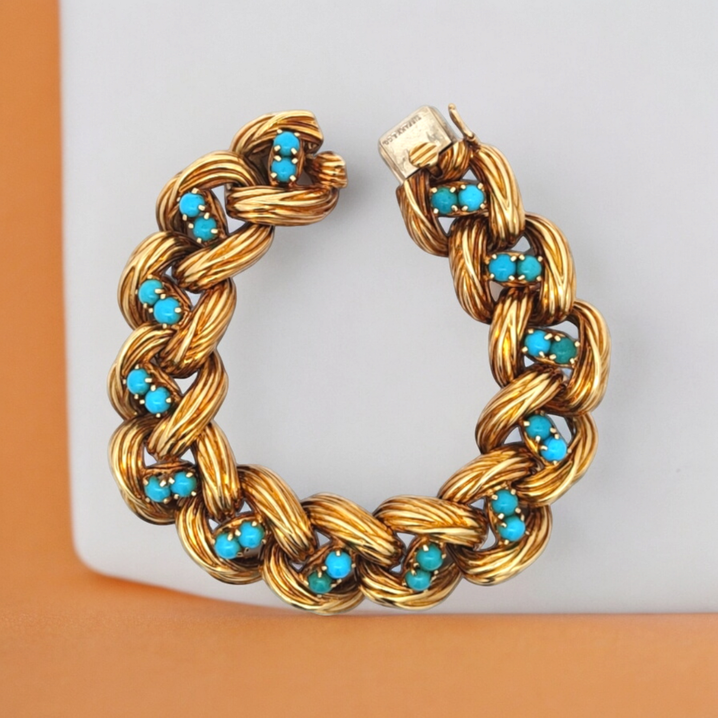 Tiffany & Co. 1970s 18KT Yellow Gold Turquoise Bracelet front