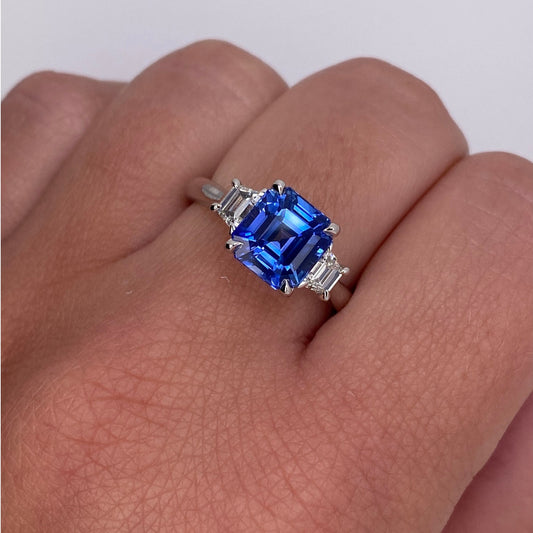 Contemporary Platinum Sapphire & Diamond Ring on finger