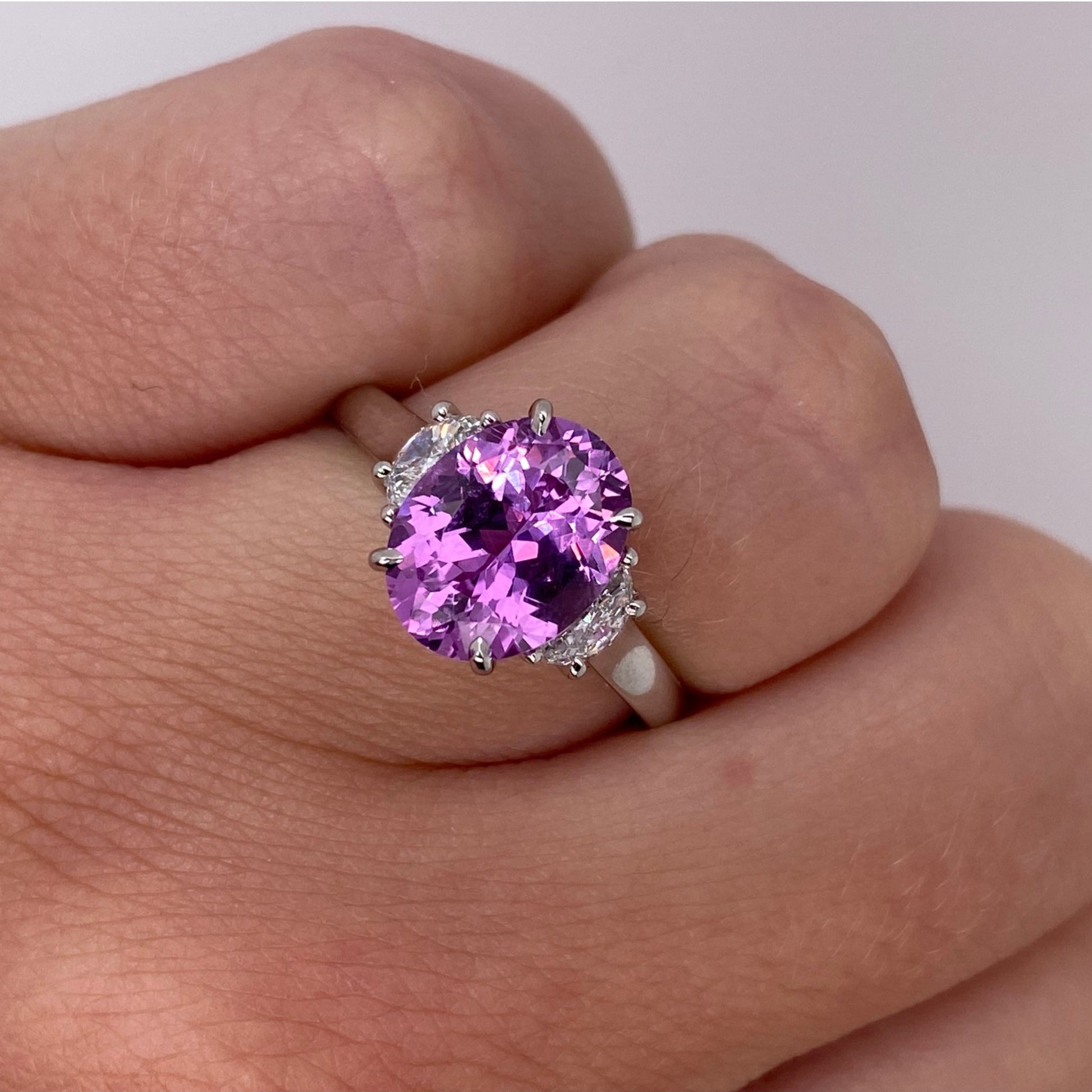 Contemporary Platinum Sapphire & Diamond Ring on finger