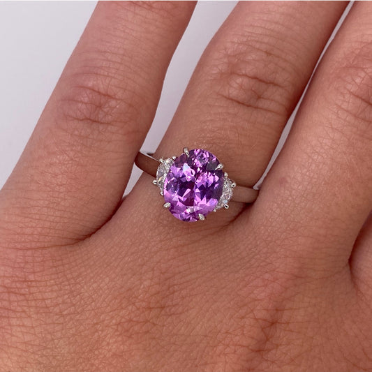 Contemporary Platinum Sapphire & Diamond Ring on finger