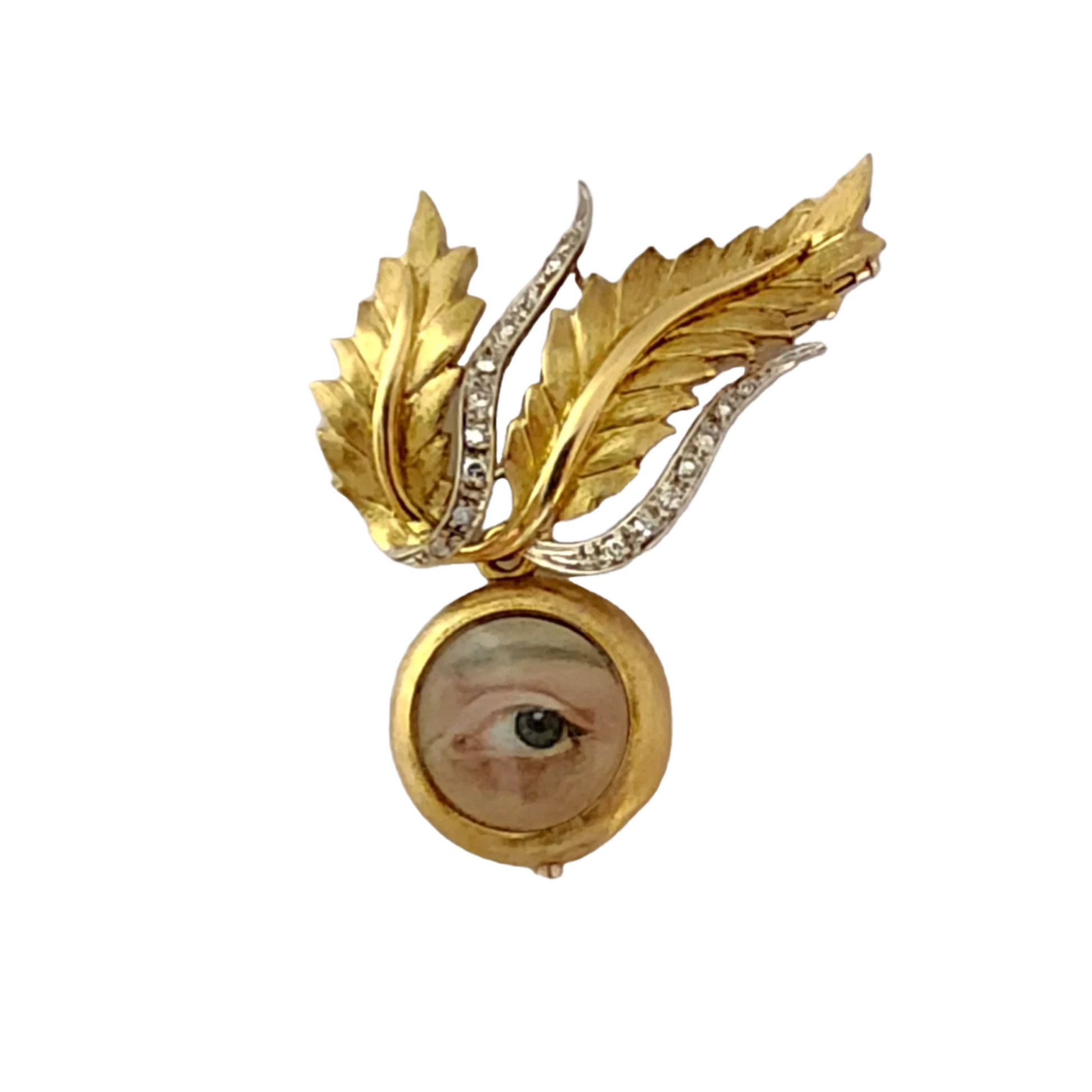 1970s 18KT Yellow Gold Diamond Lover's Eye Locket Brooch front