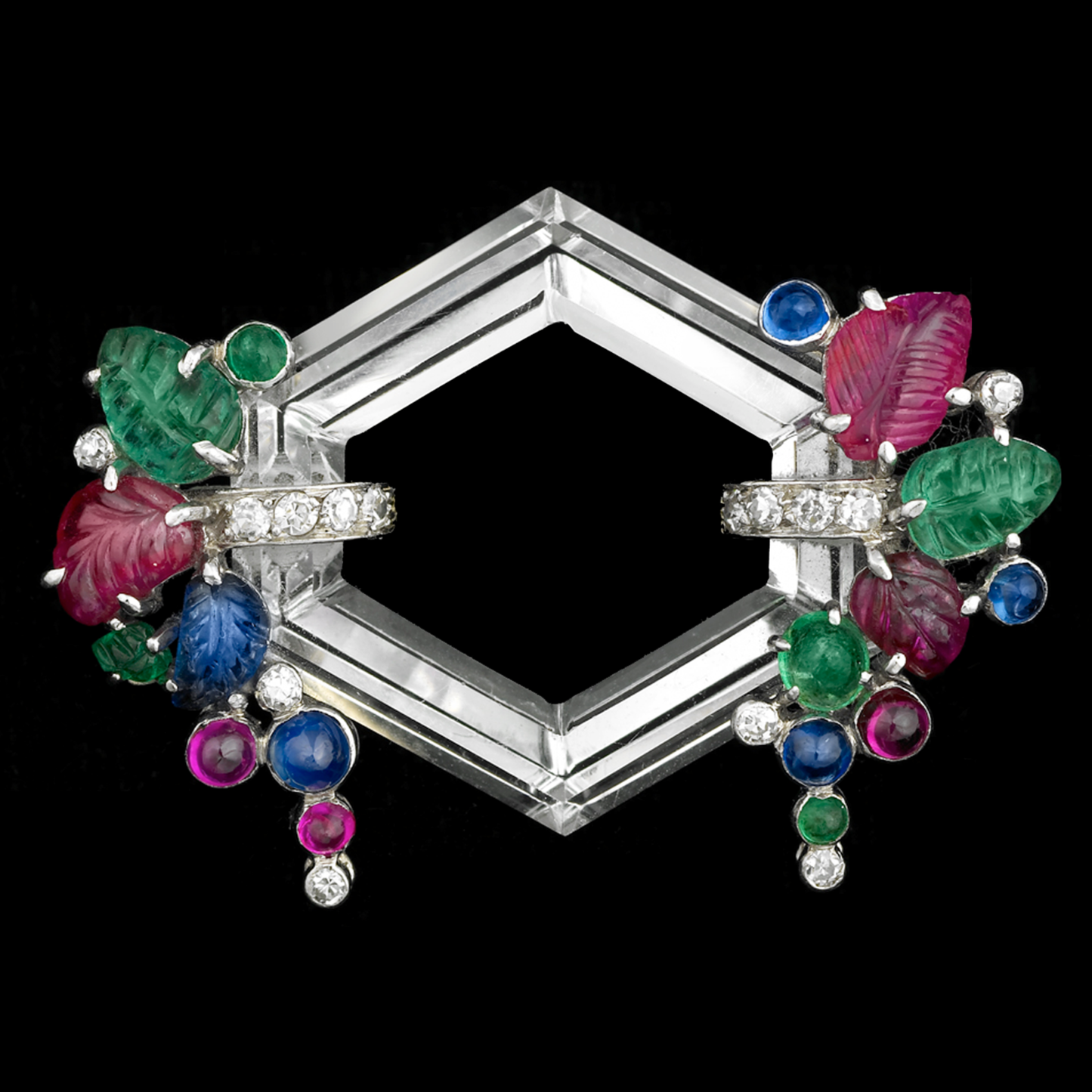 French Art Deco Platinum & 18KT Yellow Gold Rock Crystal, Diamond, Emerald, Ruby & Sapphire Tutti Frutti Brooch front