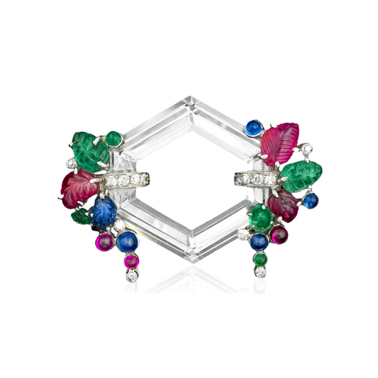 French Art Deco Platinum & 18KT Yellow Gold Rock Crystal, Diamond, Emerald, Ruby & Sapphire Tutti Frutti Brooch front