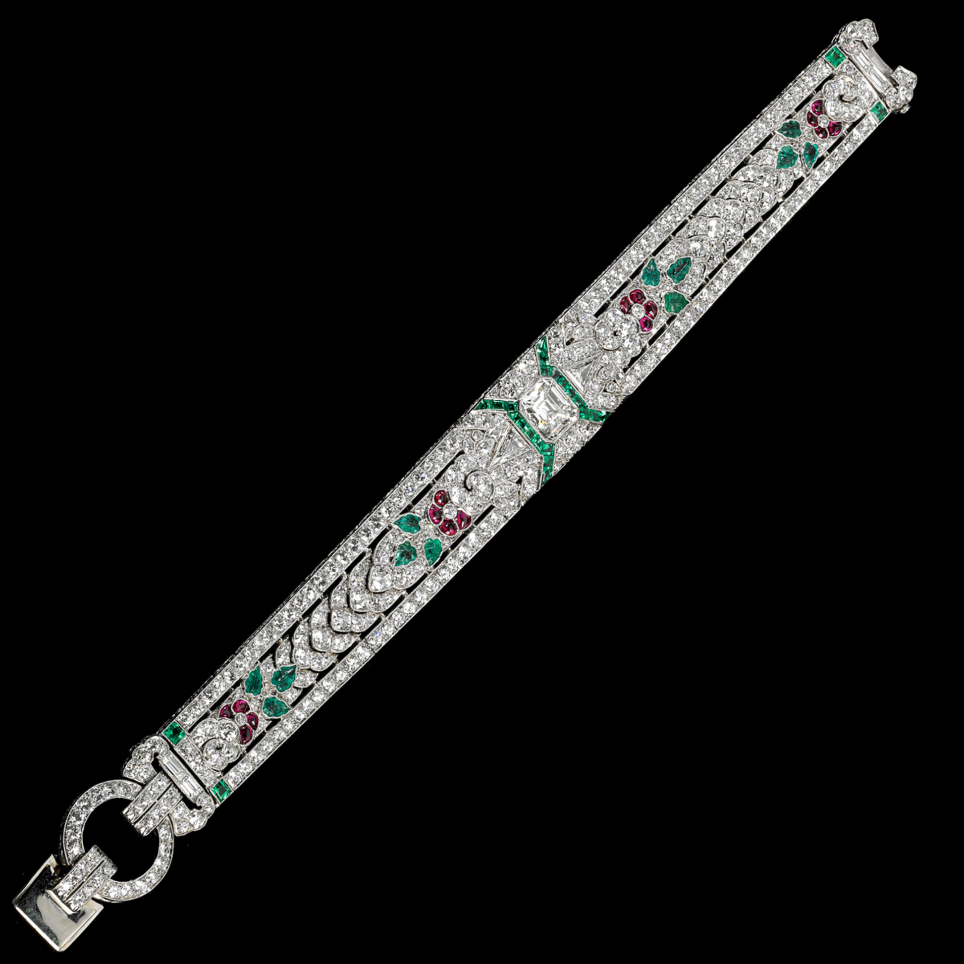 Oscar Heyman Bros Art Deco Platinum Diamond, Emerald & Ruby Bracelet front