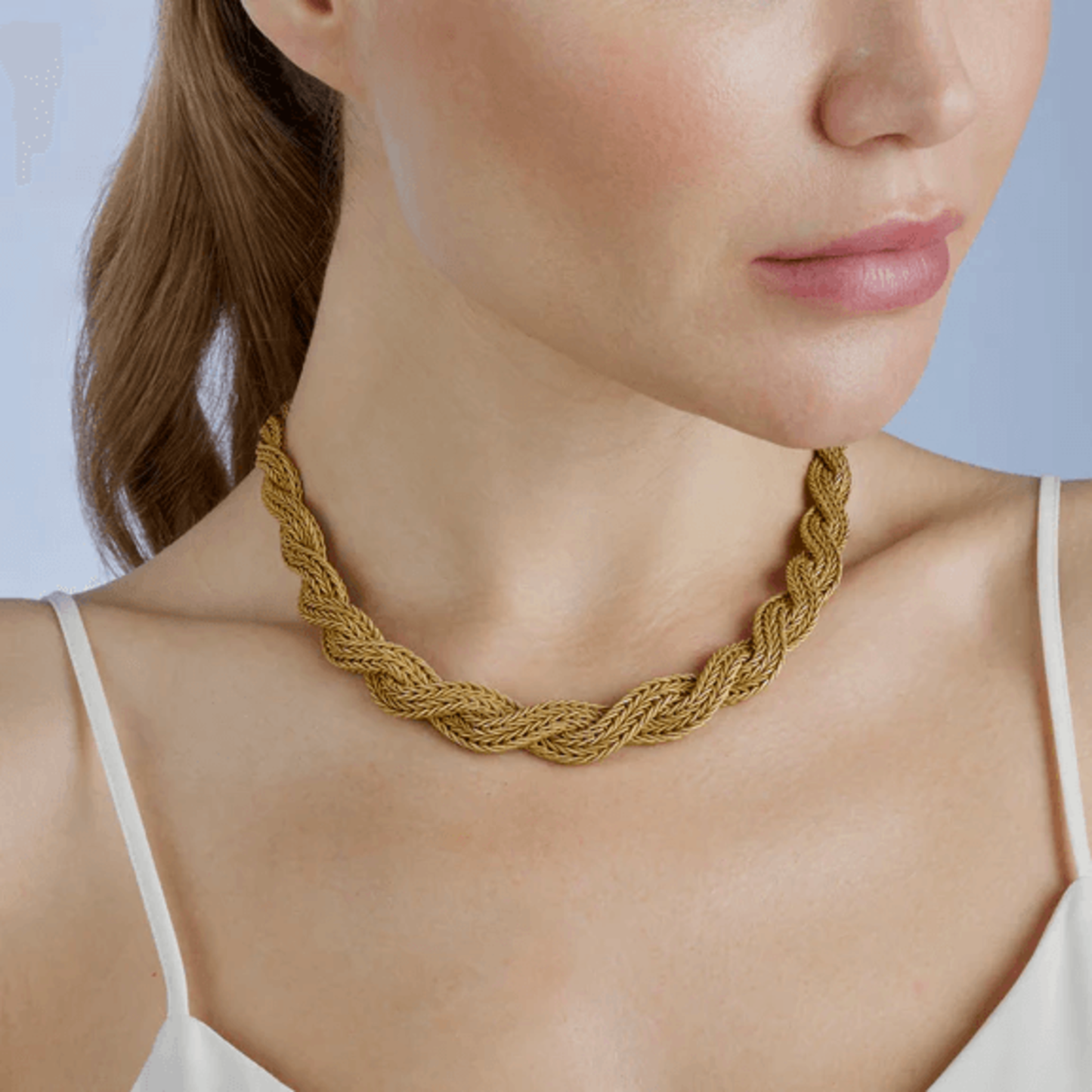 1970s 18KT Yellow Gold Necklace on neck