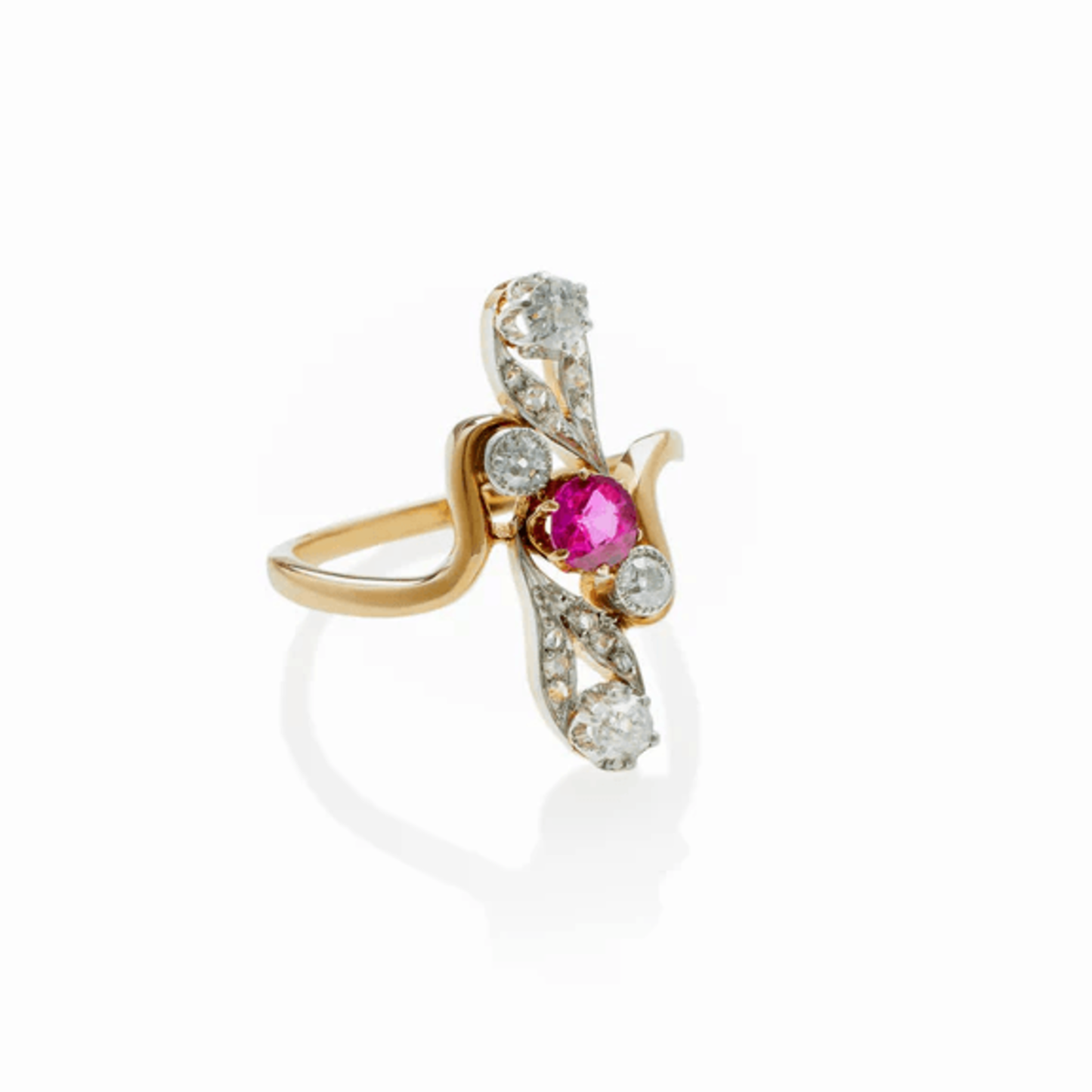 French Art Nouveau 18KT Yellow Gold Ruby & Diamond Ring front