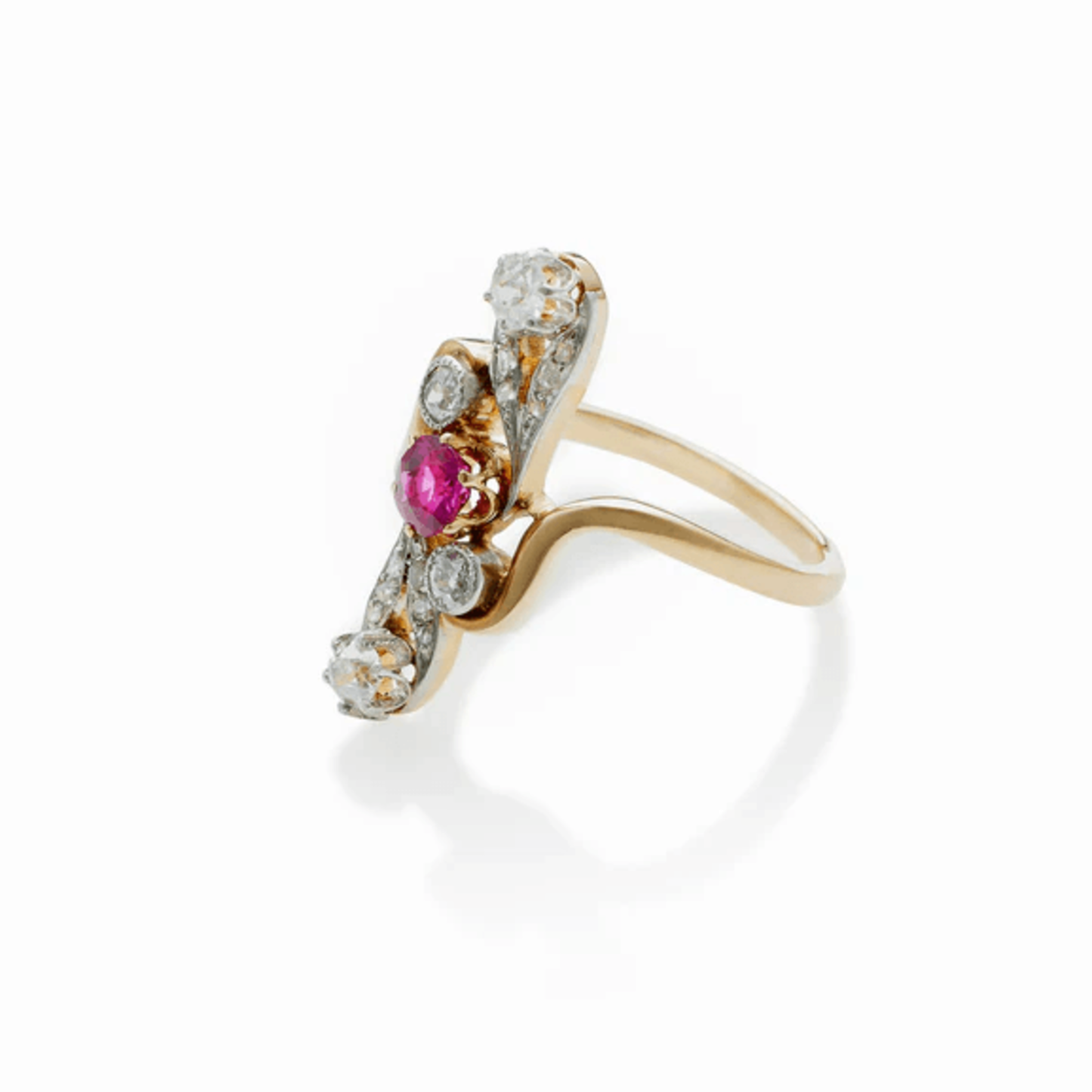 French Art Nouveau 18KT Yellow Gold Ruby & Diamond Ring side