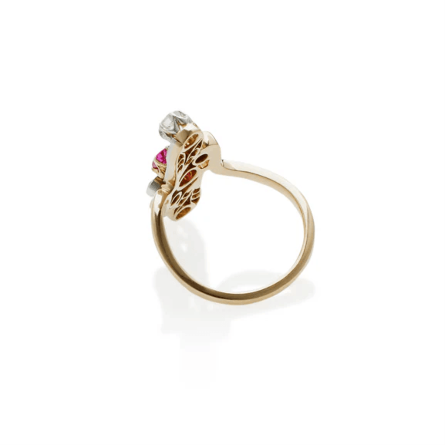 French Art Nouveau 18KT Yellow Gold Ruby & Diamond Ring back