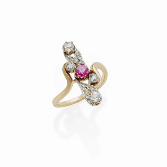 French Art Nouveau 18KT Yellow Gold Ruby & Diamond Ring front