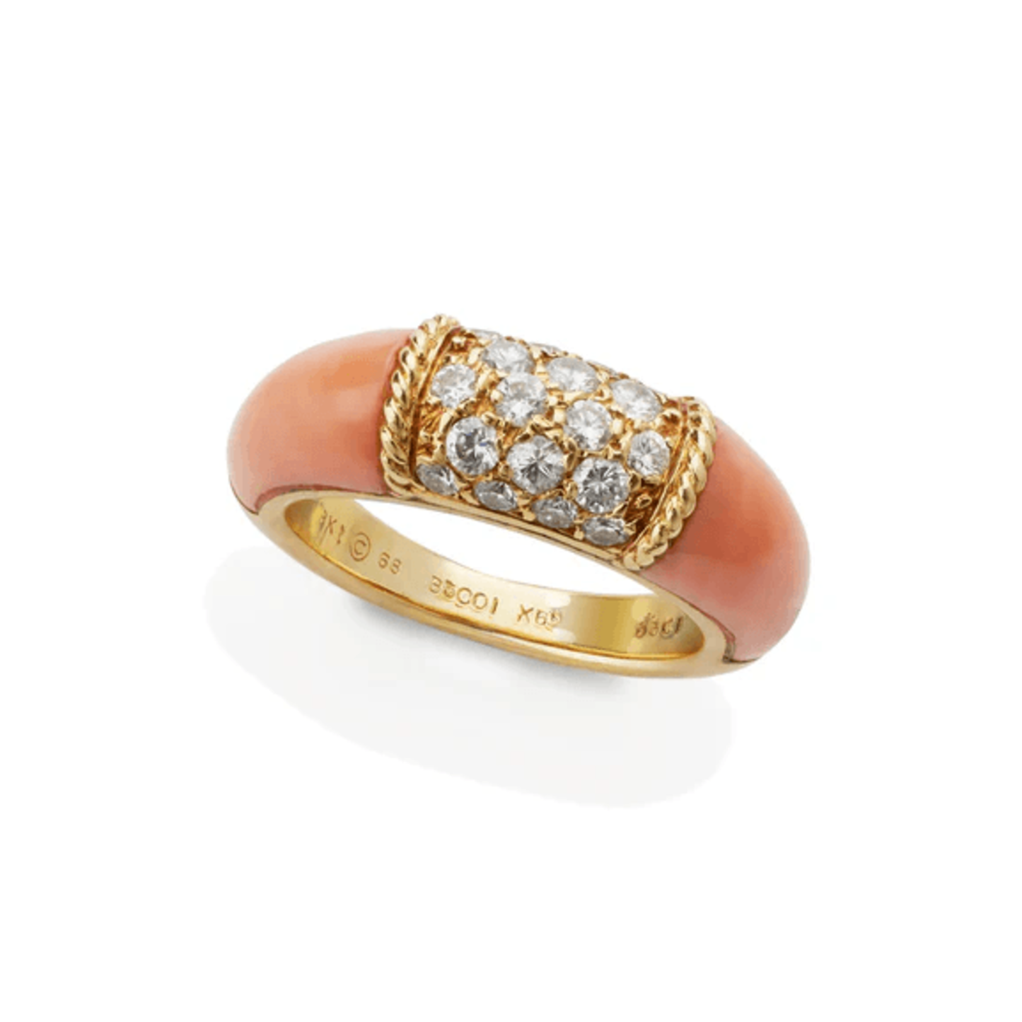 Van Cleef & Arpels Paris 1960s 18KT Yellow Gold Coral & Diamond Philippine Ring front and signature