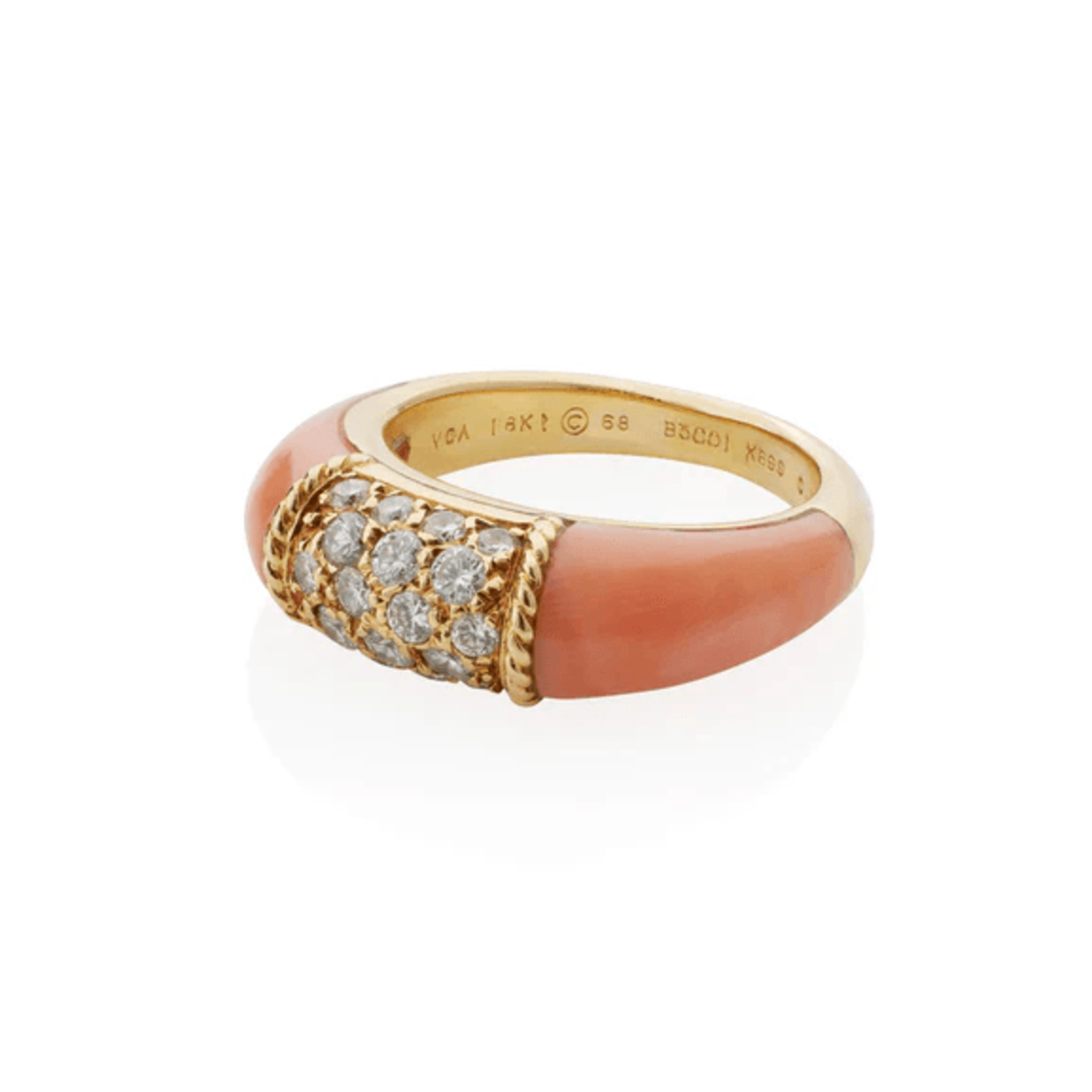 Van Cleef & Arpels Paris 1960s 18KT Yellow Gold Coral & Diamond Philippine Ring signature & hallmarks