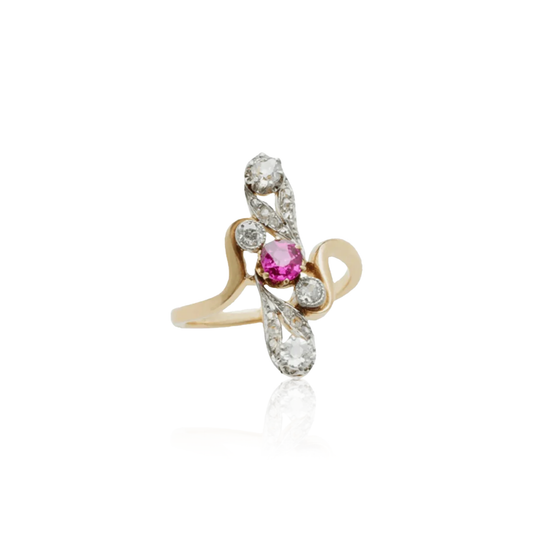 French Art Nouveau 18KT Yellow Gold Ruby & Diamond Ring front