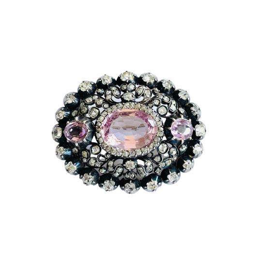 Victorian Silver & 18KT Yellow Gold Pink Topaz & Diamond Brooch front