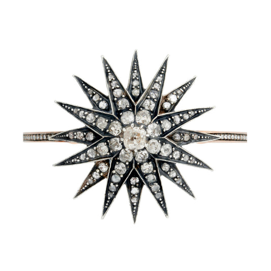 Victorian Silver & 18KT Rose & Yellow Gold Diamond Starburst Bangle Bracelet close-up details