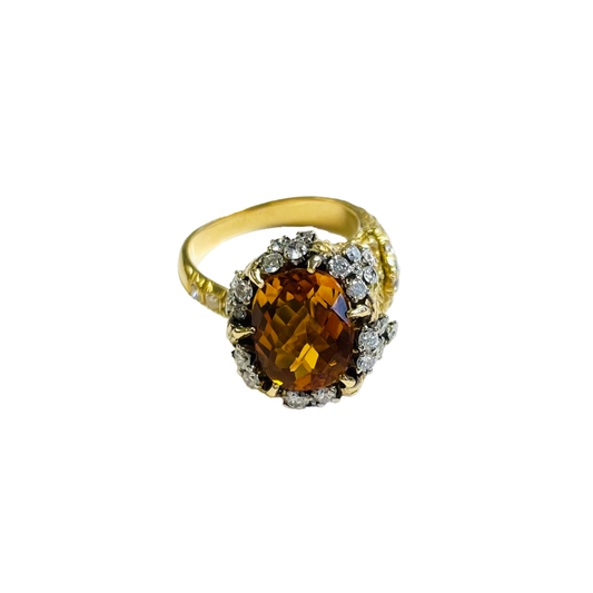 1960s 14KT Yellow Gold Citrine & Diamond Ring front view