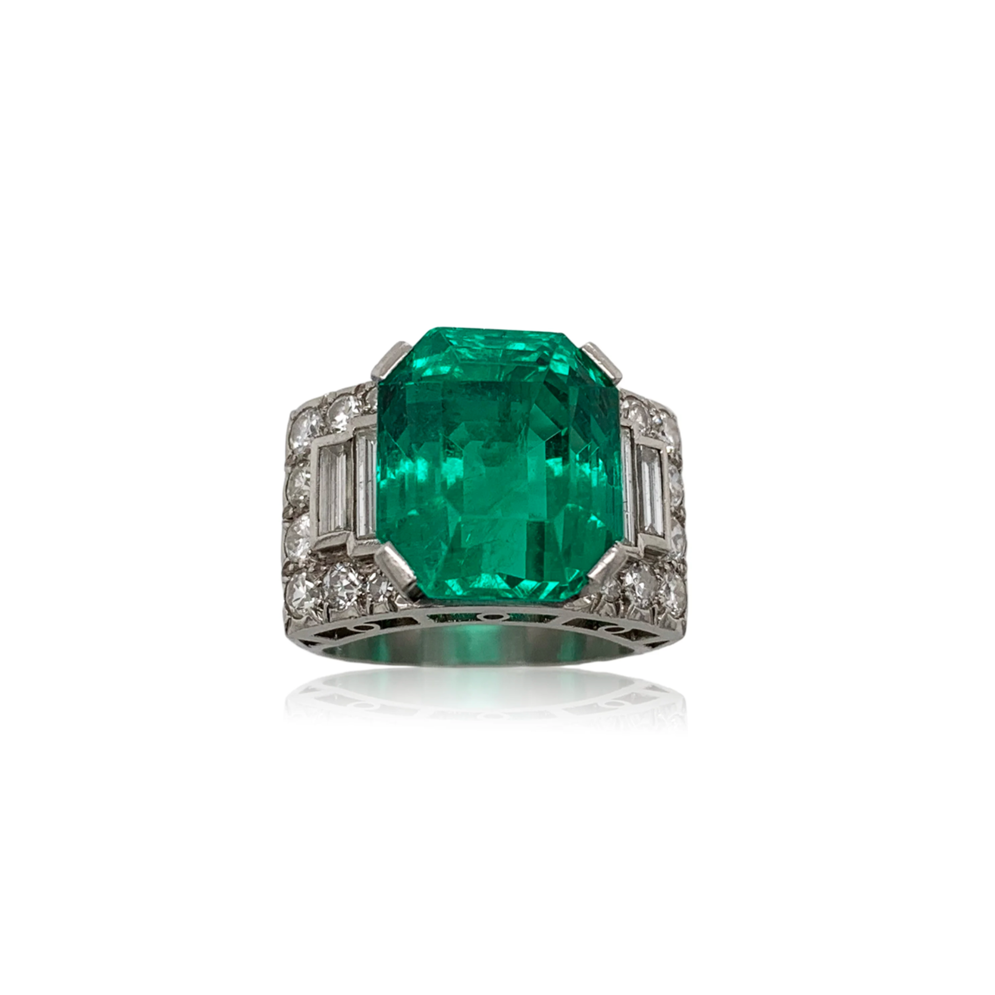 Art Deco Platinum Emerald & Diamond Ring front