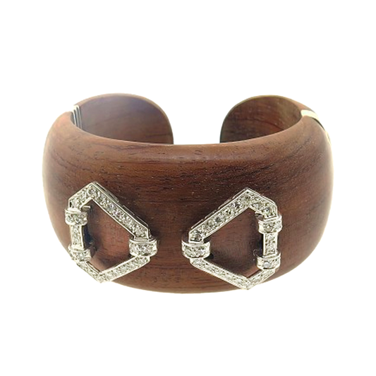 French Art Deco Diamond Platinum Clips on Modern Wood Cuff Bracelet front