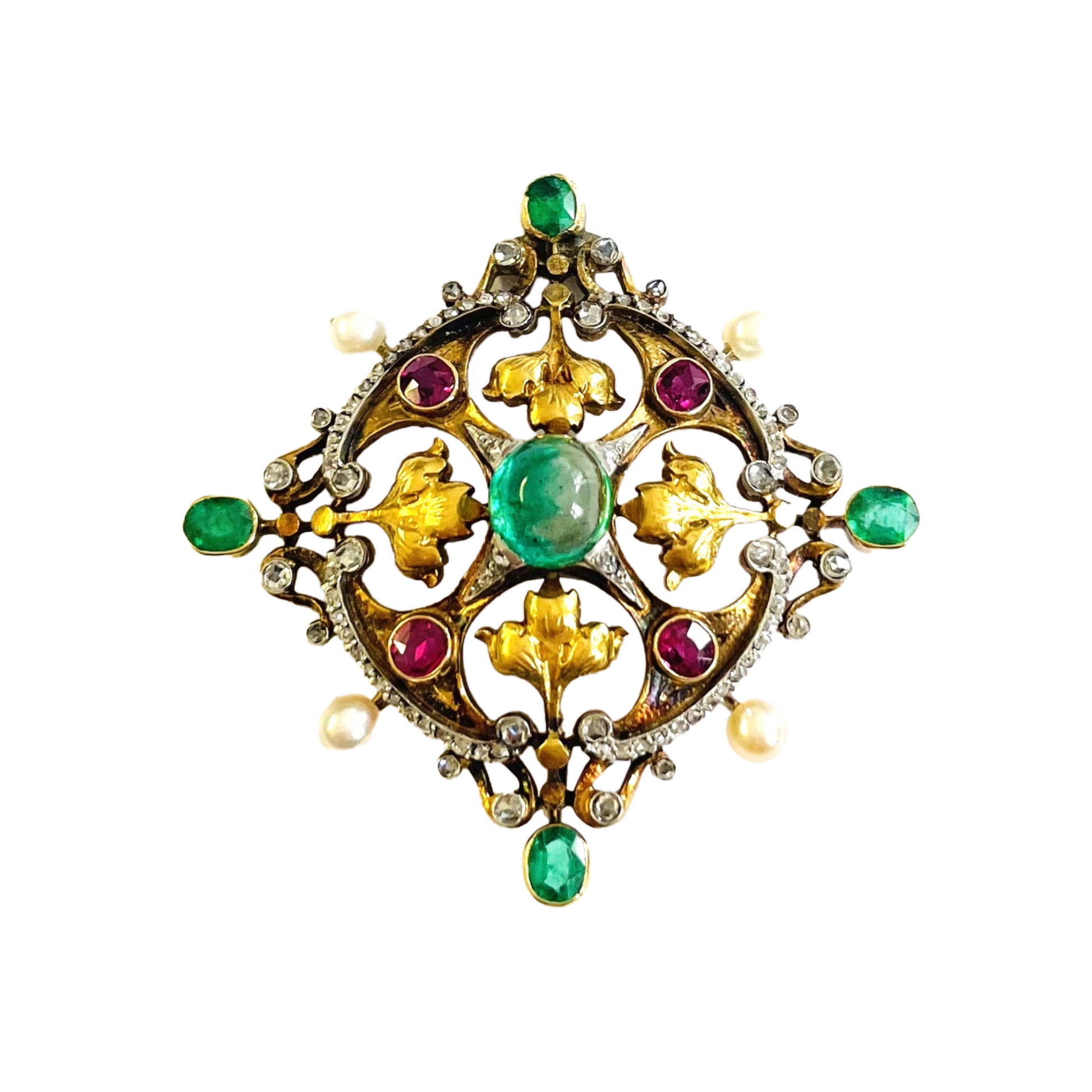 Victorian Silver & 18KT Yellow Gold Emerald, Diamond, Natural Pearl & Ruby Pendant front