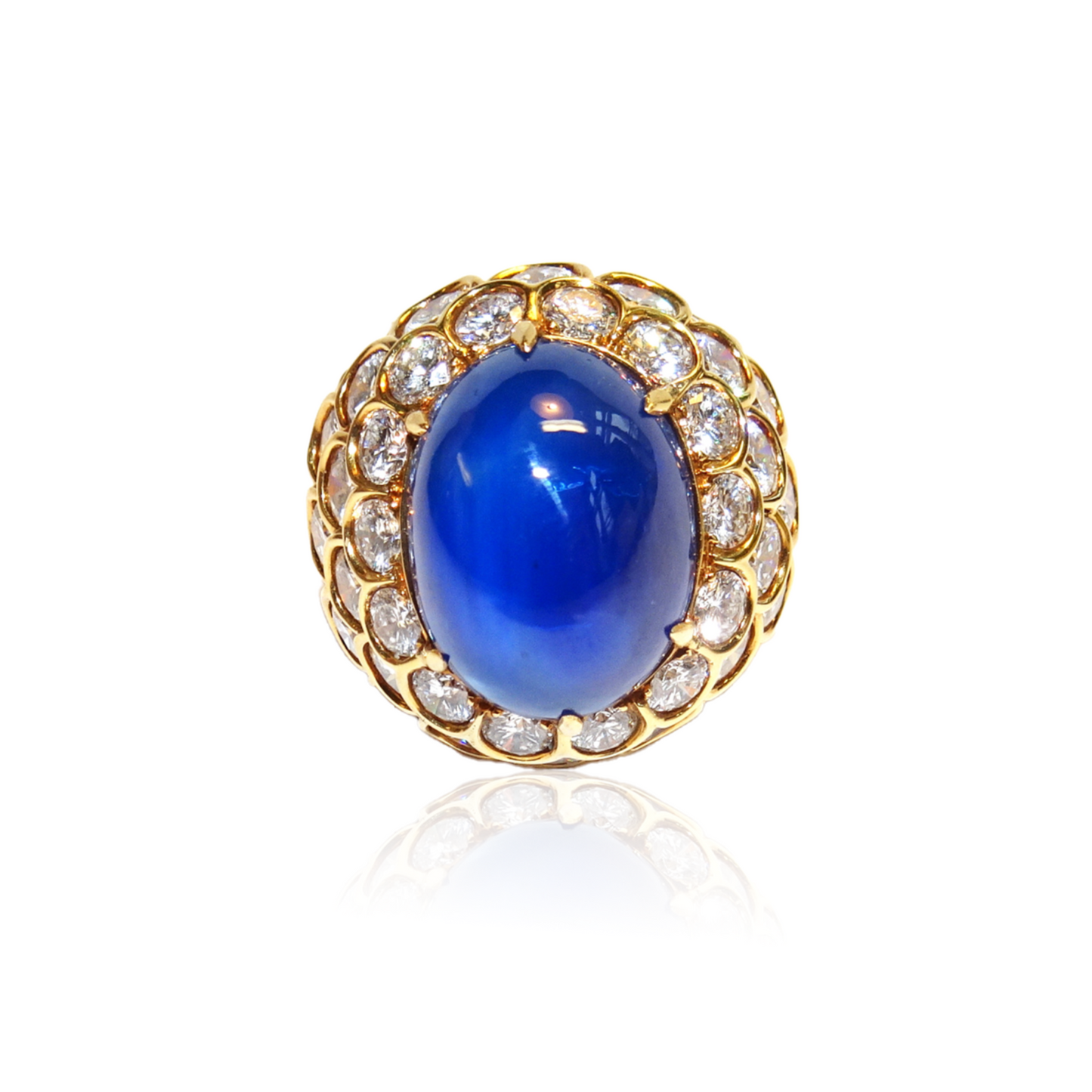 French 1960s 18KT Yellow Gold Unheated Blue Sapphire & Diamond Ring front