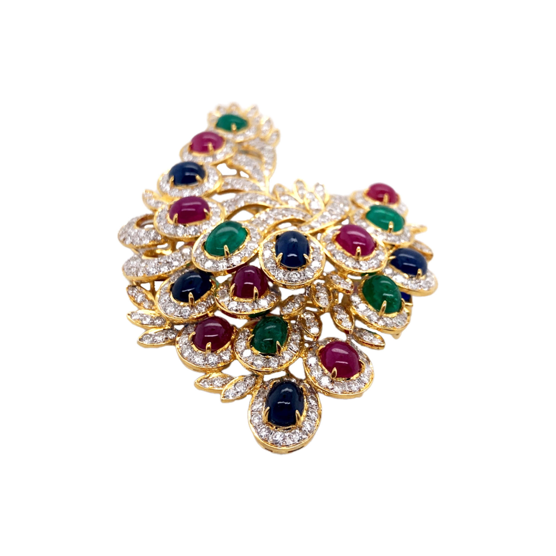 1980s 18KT Yellow Gold Diamond, Emerald, Ruby & Sapphire Brooch side