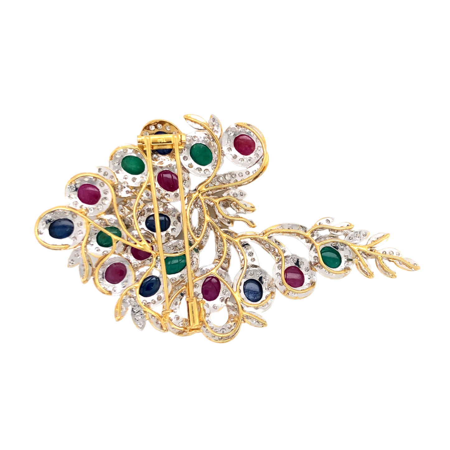 1980s 18KT Yellow Gold Diamond, Emerald, Ruby & Sapphire Brooch back