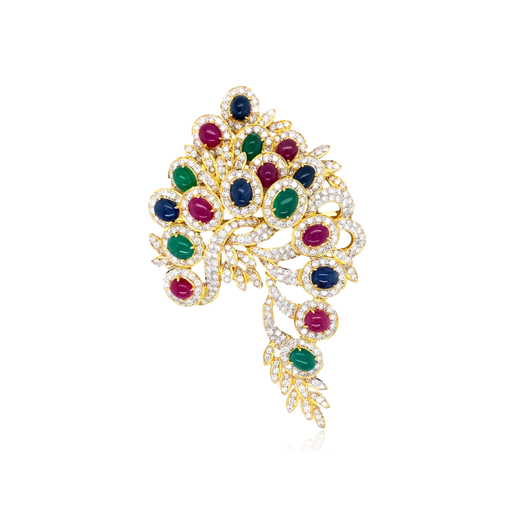 1980s 18KT Yellow Gold Diamond, Emerald, Ruby & Sapphire Brooch front