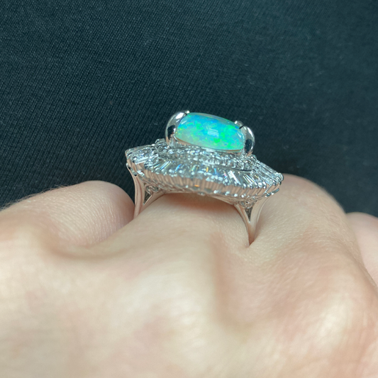 1970s Platinum Opal & Diamond Ring on finger